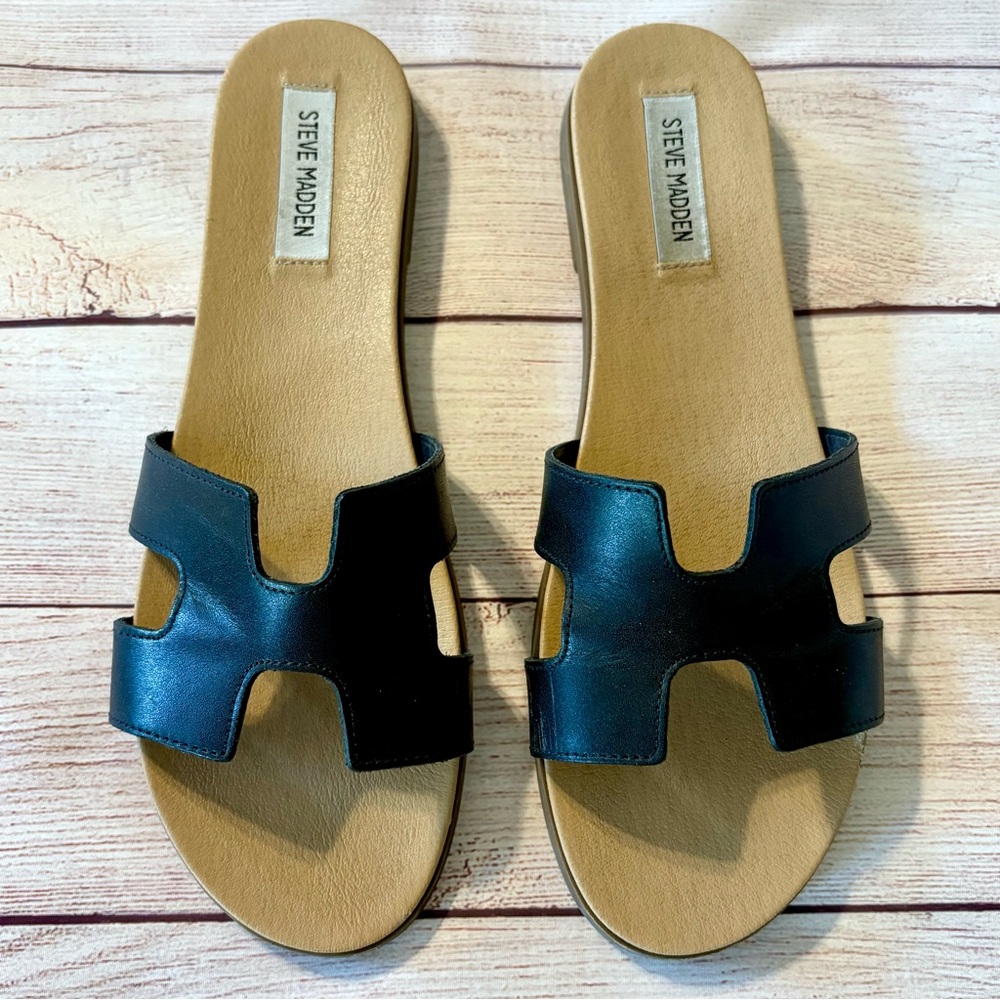 Steve Madden Hoku Black Leather Flat Slide H Sandals Size 11